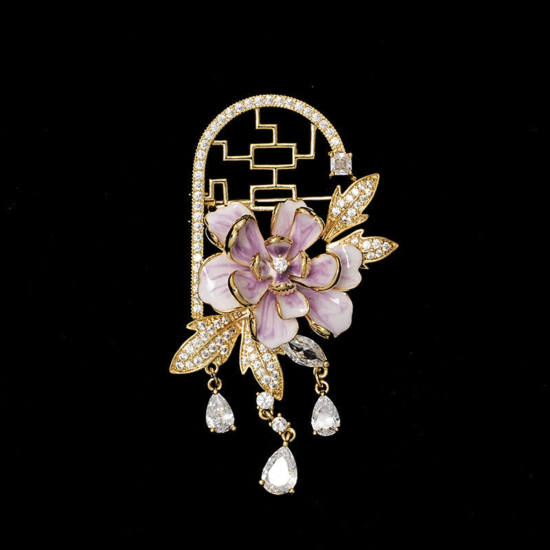 Buddha Stones Broche de cobre con borlas de peonías moradas y ventana de estilo chino - image 1