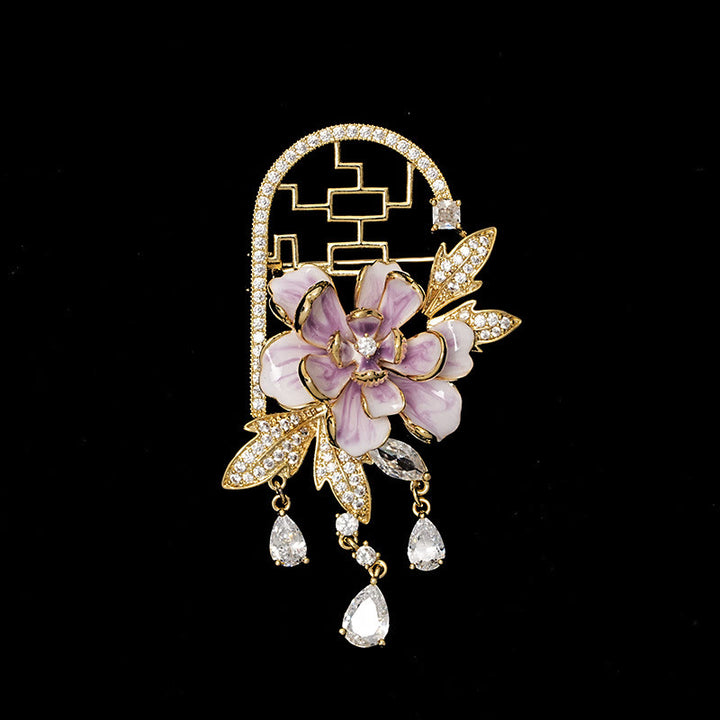 Buddha Stones Broche de cobre con borlas de peonías moradas y ventana de estilo chino - image 1