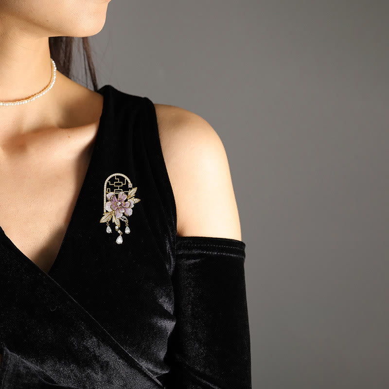 Buddha Stones Broche de cobre con borlas de peonías moradas y ventana de estilo chino - image 2