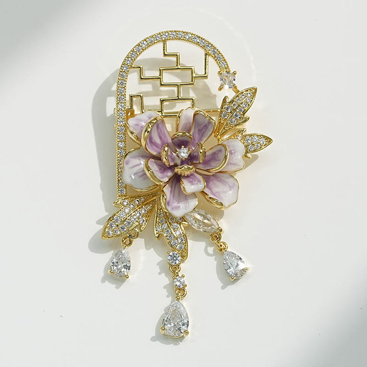 Buddha Stones Broche de cobre con borlas de peonías moradas y ventana de estilo chino - image 4