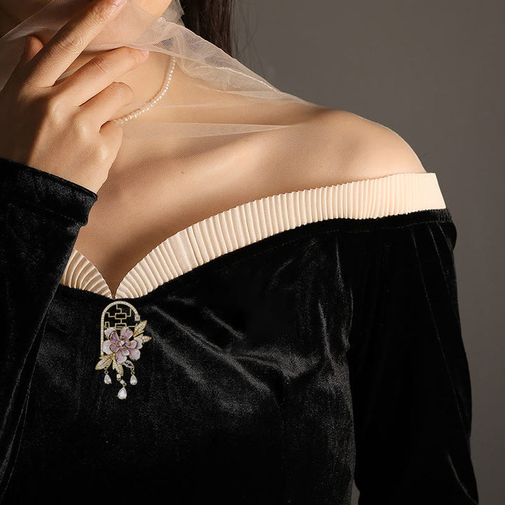 Buddha Stones Broche de cobre con borlas de peonías moradas y ventana de estilo chino - image 3