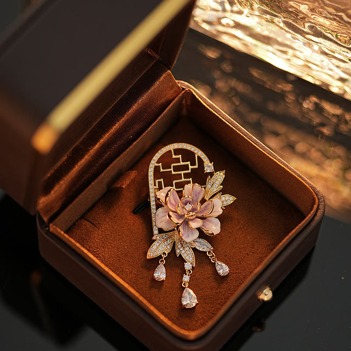 Buddha Stones Broche de cobre con borlas de peonías moradas y ventana de estilo chino - image 7