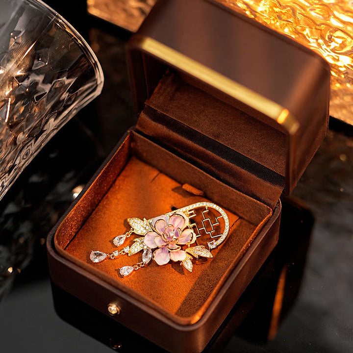 Buddha Stones Broche de cobre con borlas de peonías moradas y ventana de estilo chino - image 8