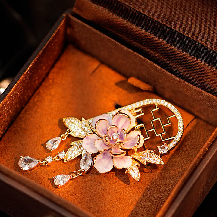 Buddha Stones Broche de cobre con borlas de peonías moradas y ventana de estilo chino - image 6