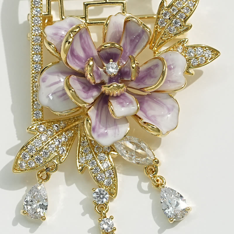 Buddha Stones Broche de cobre con borlas de peonías moradas y ventana de estilo chino - image 5