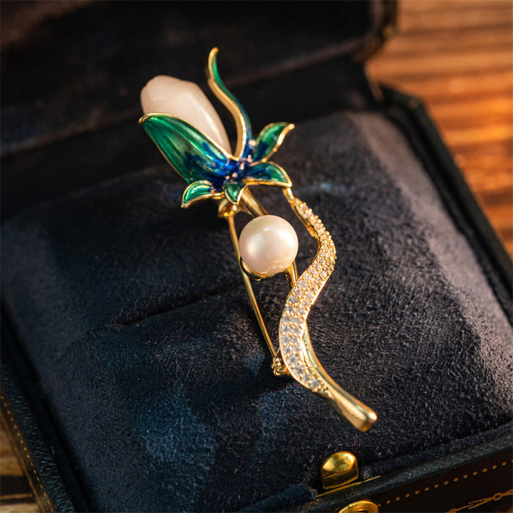 Buddha Stones Broche de cobre con optimismo y perla de flor de magnolia - Flor de magnolia - image 0