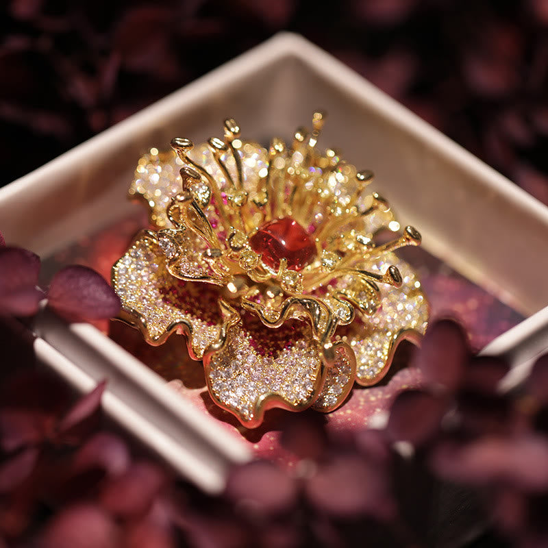 Buddha Stones Broche de cobre con flor de peonía y prosperidad - Peonía roja - image 0