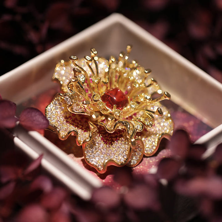 Buddha Stones Broche de cobre con flor de peonía y prosperidad - Peonía roja - image 0
