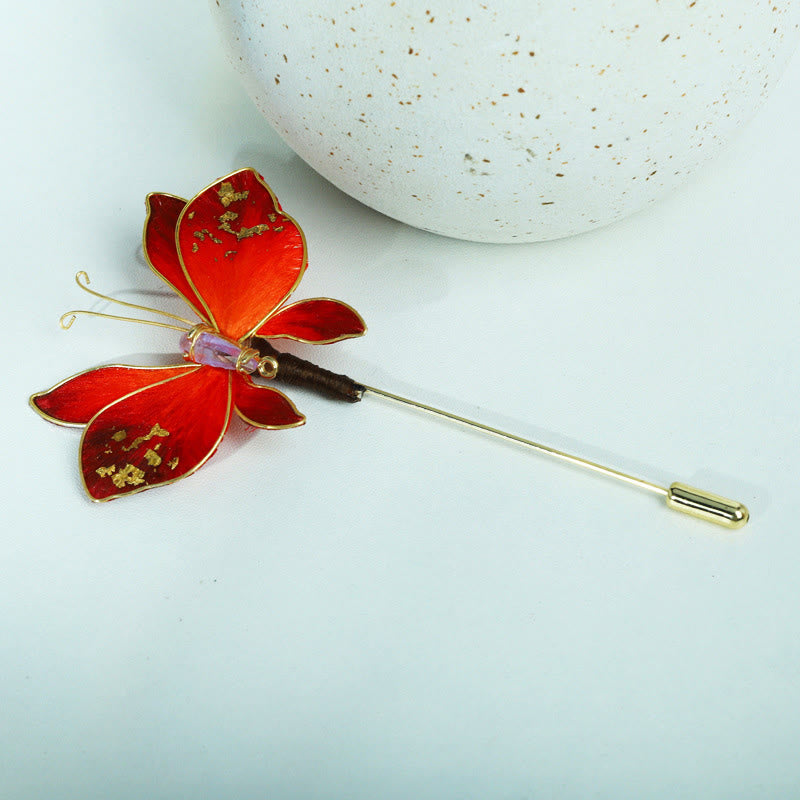 Buddha Stones Broche de mariposa roja con flor de terciopelo de seda hecho a mano - image 1