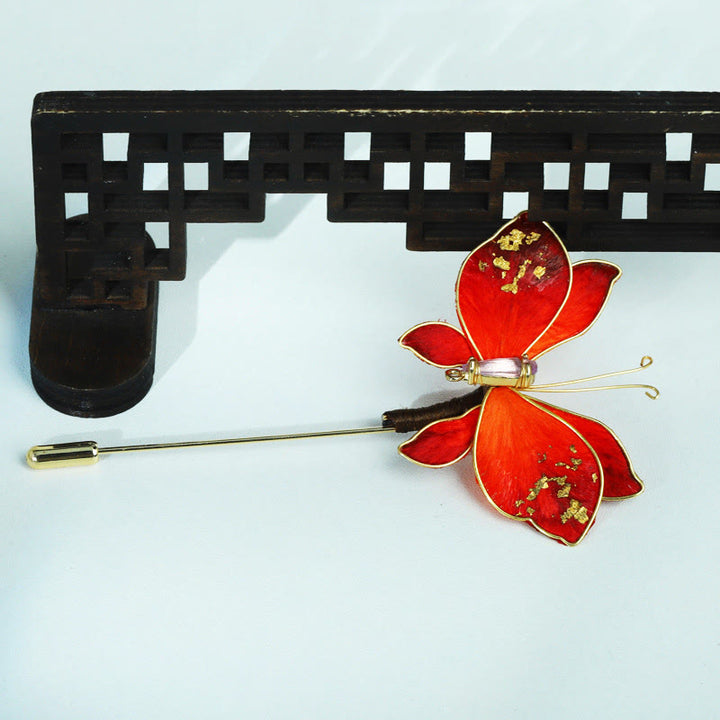 Buddha Stones Broche de mariposa roja con flor de terciopelo de seda hecho a mano - image 2