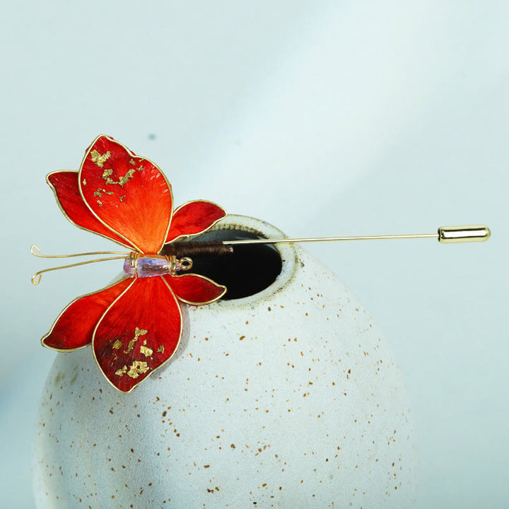 Buddha Stones Broche de mariposa roja con flor de terciopelo de seda hecho a mano - image 4