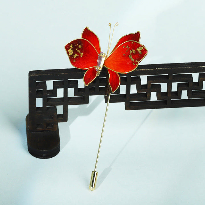 Buddha Stones Broche de mariposa roja con flor de terciopelo de seda hecho a mano - image 5