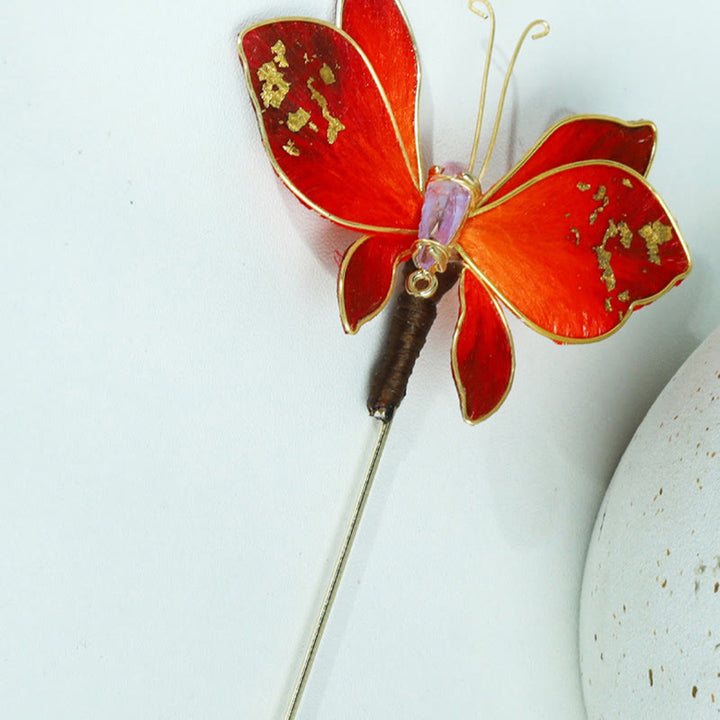 Buddha Stones Broche de mariposa roja con flor de terciopelo de seda hecho a mano - image 12