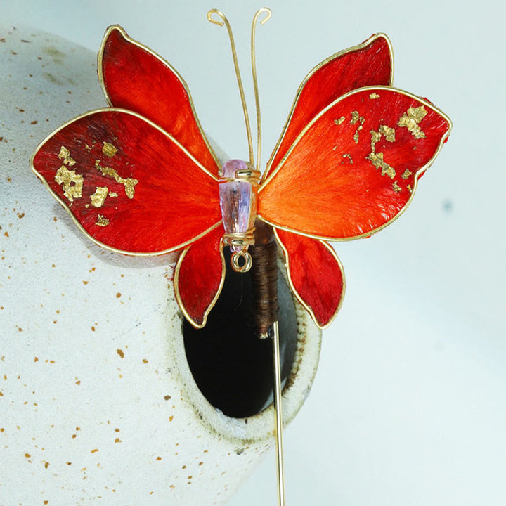 Buddha Stones Broche de mariposa roja con flor de terciopelo de seda hecho a mano - image 11