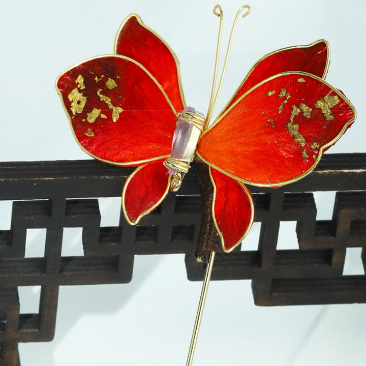 Buddha Stones Broche de mariposa roja con flor de terciopelo de seda hecho a mano - image 10