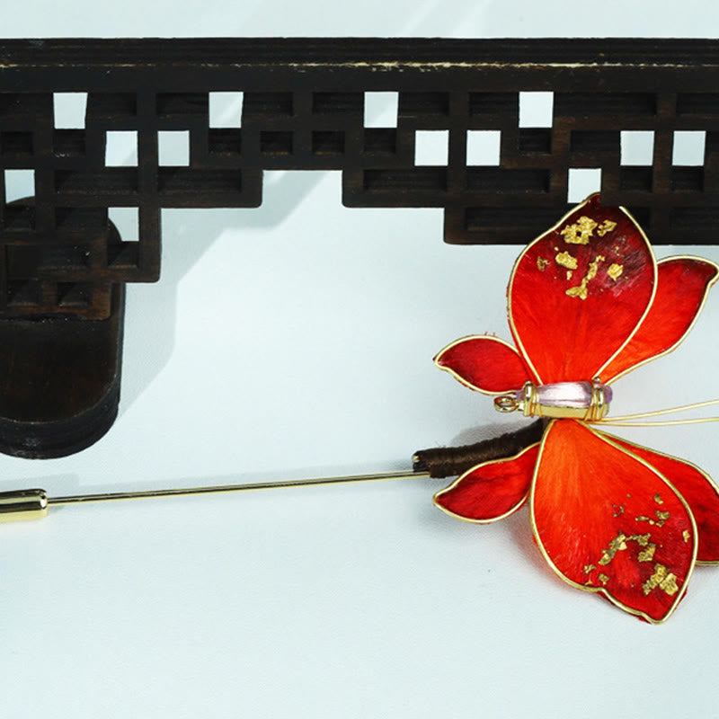 Buddha Stones Broche de mariposa roja con flor de terciopelo de seda hecho a mano - image 6