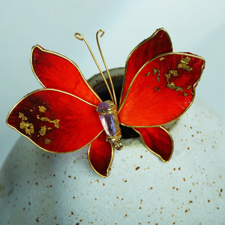Buddha Stones Broche de mariposa roja con flor de terciopelo de seda hecho a mano - image 9
