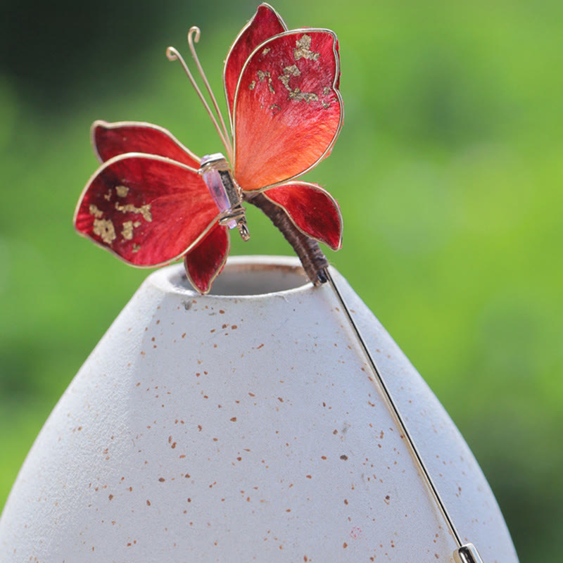 Buddha Stones Broche de mariposa roja con flor de terciopelo de seda hecho a mano - image 13