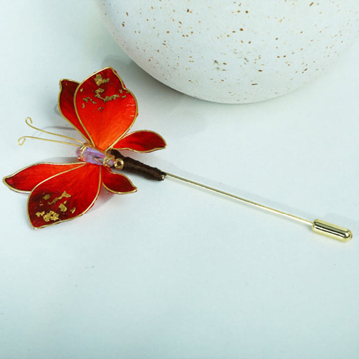 Buddha Stones Broche de mariposa roja con flor de terciopelo de seda hecho a mano - image 7