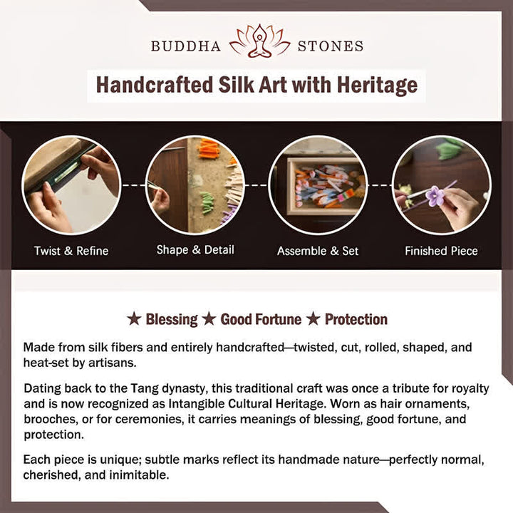 Buddha Stones Broche de la buena fortuna con flor de peonía dorada hecha a mano con arte de seda - image 13