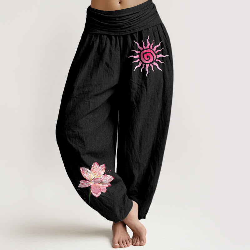 Buddha Stones Pantalones harén de algodón con estampado de flor de loto y sol para mujer, cintura elástica - Negro - US16，UK/AU20，EU48 (3XL) - image 0