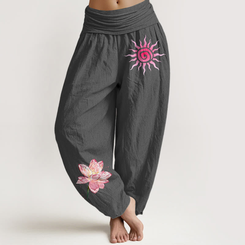Buddha Stones Pantalones harén de algodón con estampado de flor de loto y sol para mujer, cintura elástica - Gris oscuro - US16，UK/AU20，EU48 (3XL) - image 8