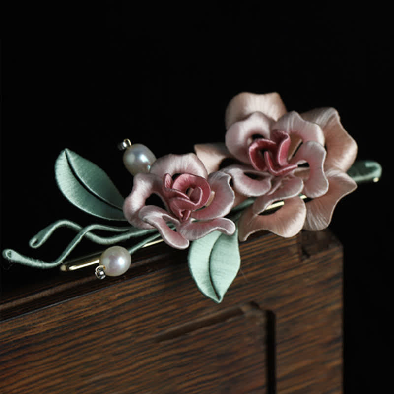 Buddha Stones Broche de armonía con rosas gemelas, hecho a mano con arte de seda - image 3