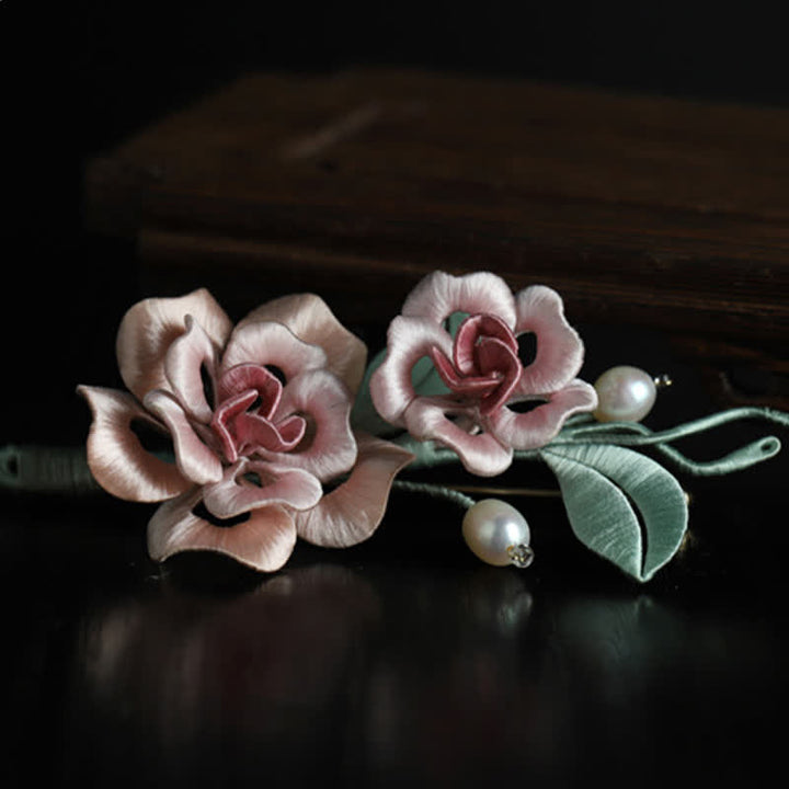 Buddha Stones Broche de armonía con rosas gemelas, hecho a mano con arte de seda - image 6