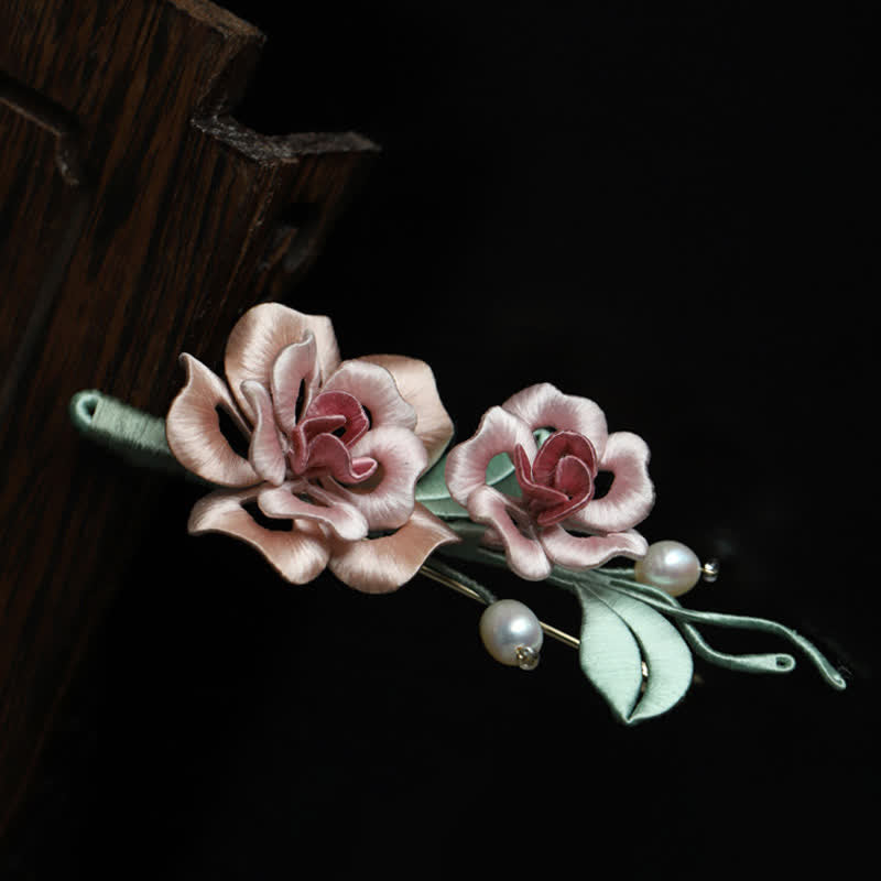 Buddha Stones Broche de armonía con rosas gemelas, hecho a mano con arte de seda - image 7