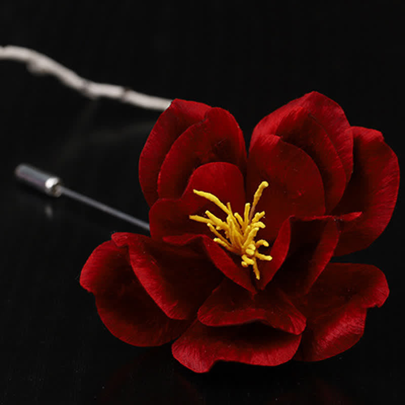 Buddha Stones Broche de camelia roja con la bendición de la sinceridad, hecho a mano en seda, patrimonio cultural - image 10