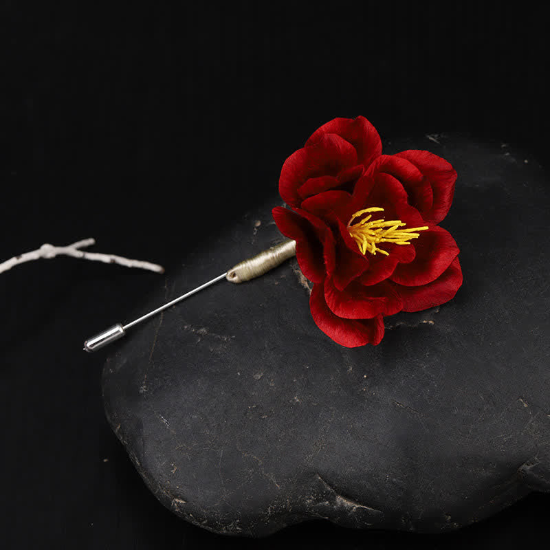 Buddha Stones Broche de camelia roja con la bendición de la sinceridad, hecho a mano en seda, patrimonio cultural - image 2