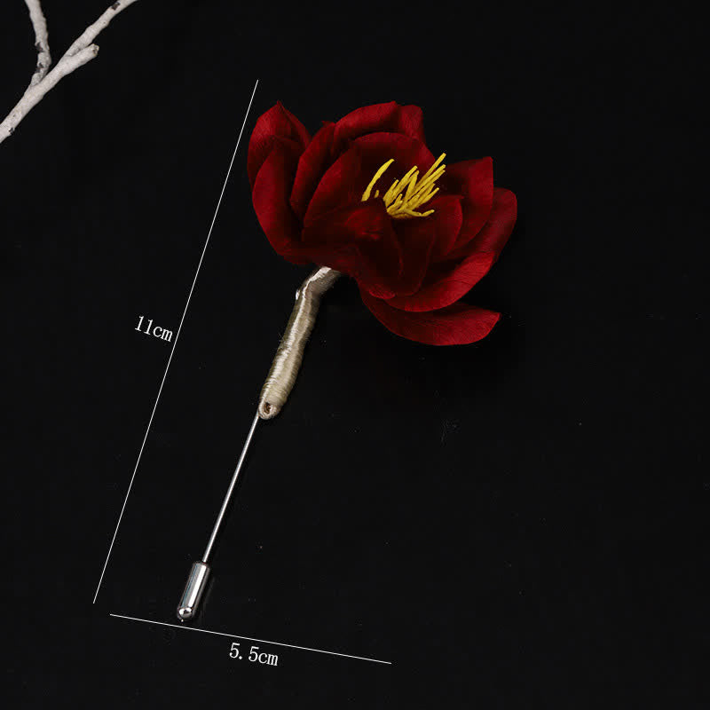 Buddha Stones Broche de camelia roja con la bendición de la sinceridad, hecho a mano en seda, patrimonio cultural - image 3