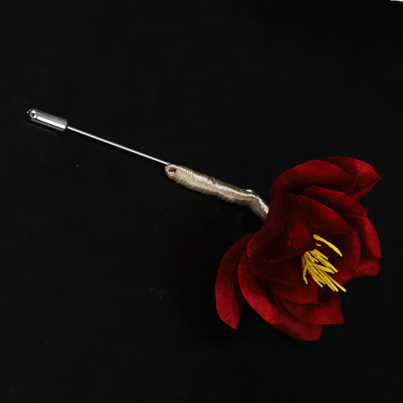 Buddha Stones Broche de camelia roja con la bendición de la sinceridad, hecho a mano en seda, patrimonio cultural - image 1