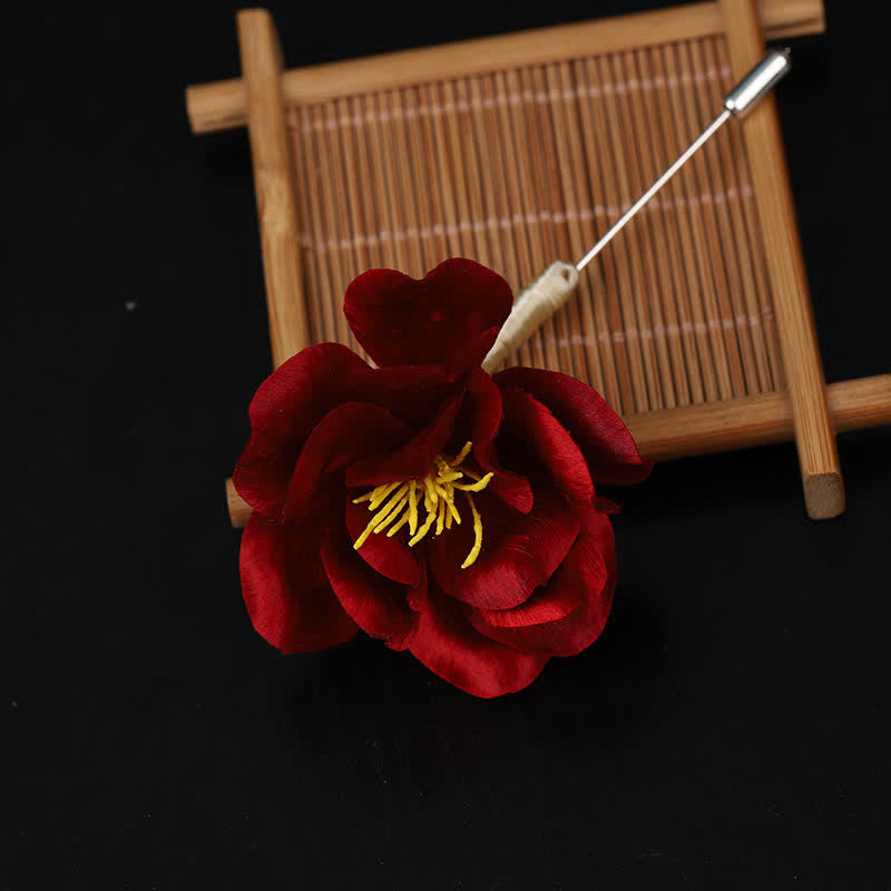 Buddha Stones Broche de camelia roja con la bendición de la sinceridad, hecho a mano en seda, patrimonio cultural - image 7