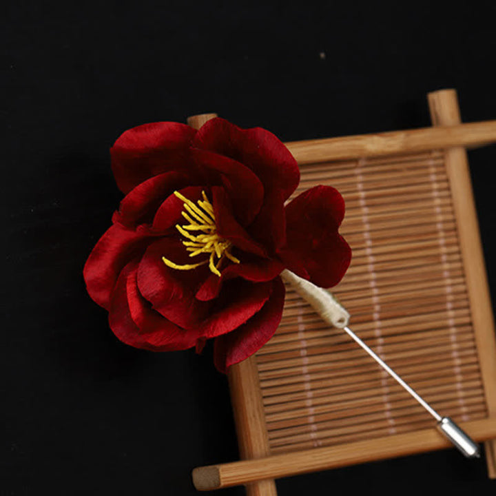 Buddha Stones Broche de camelia roja con la bendición de la sinceridad, hecho a mano en seda, patrimonio cultural - image 6