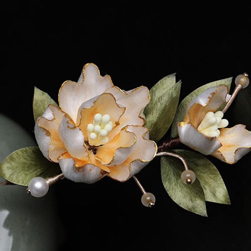 Buddha Stones Broche de la buena fortuna con flor de peonía dorada hecha a mano con arte de seda - image 8
