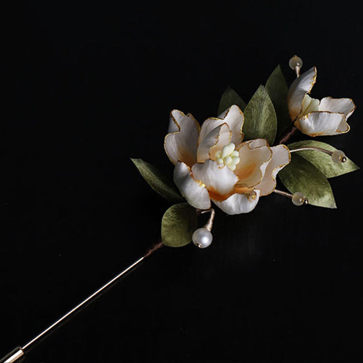 Buddha Stones Broche de la buena fortuna con flor de peonía dorada hecha a mano con arte de seda - image 7