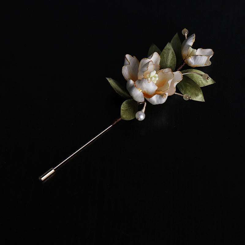 Buddha Stones Broche de la buena fortuna con flor de peonía dorada hecha a mano con arte de seda - image 3