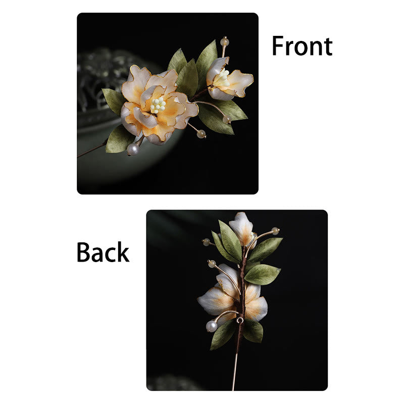 Buddha Stones Broche de la buena fortuna con flor de peonía dorada hecha a mano con arte de seda - image 12