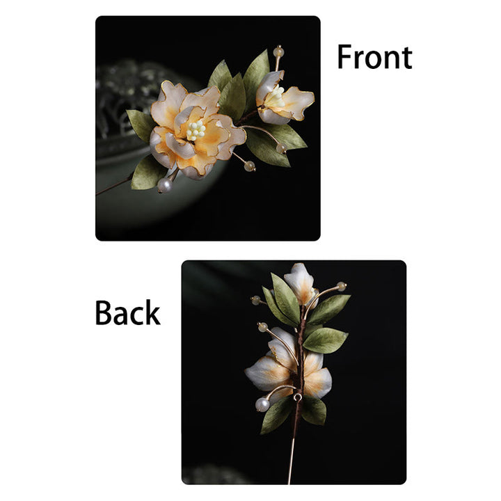 Buddha Stones Broche de la buena fortuna con flor de peonía dorada hecha a mano con arte de seda - image 12