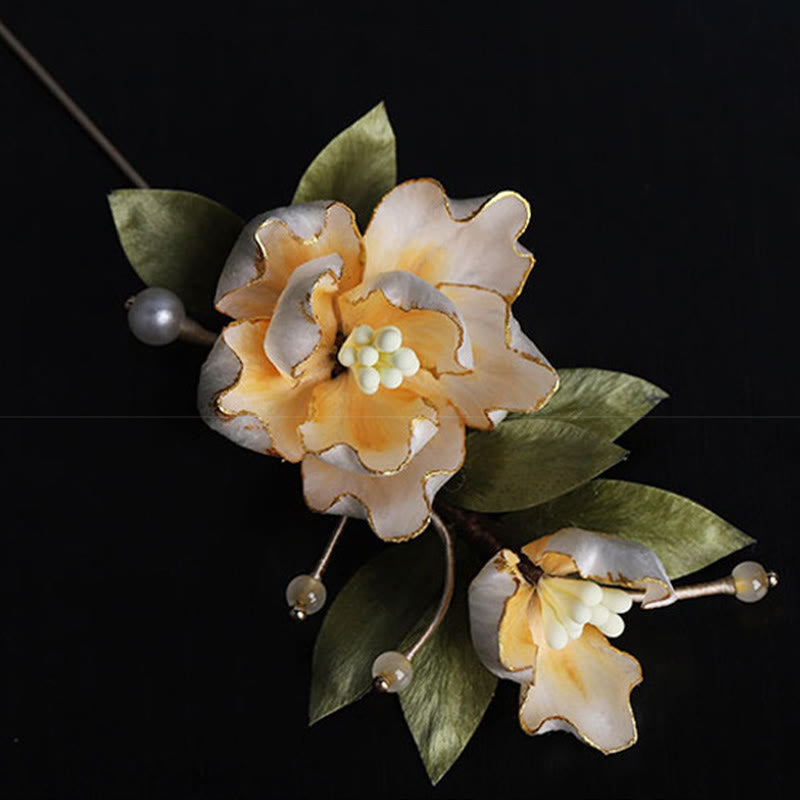 Buddha Stones Broche de la buena fortuna con flor de peonía dorada hecha a mano con arte de seda - image 10