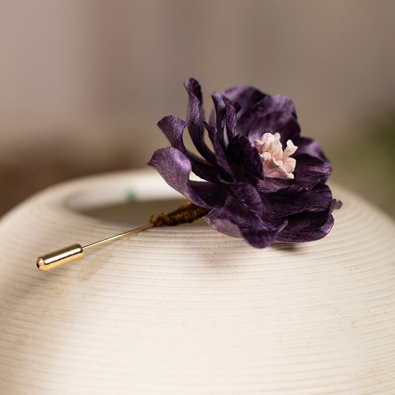 Buddha Stones Broche de la buena suerte con flor de peonía morada de seda artesanal - image 1