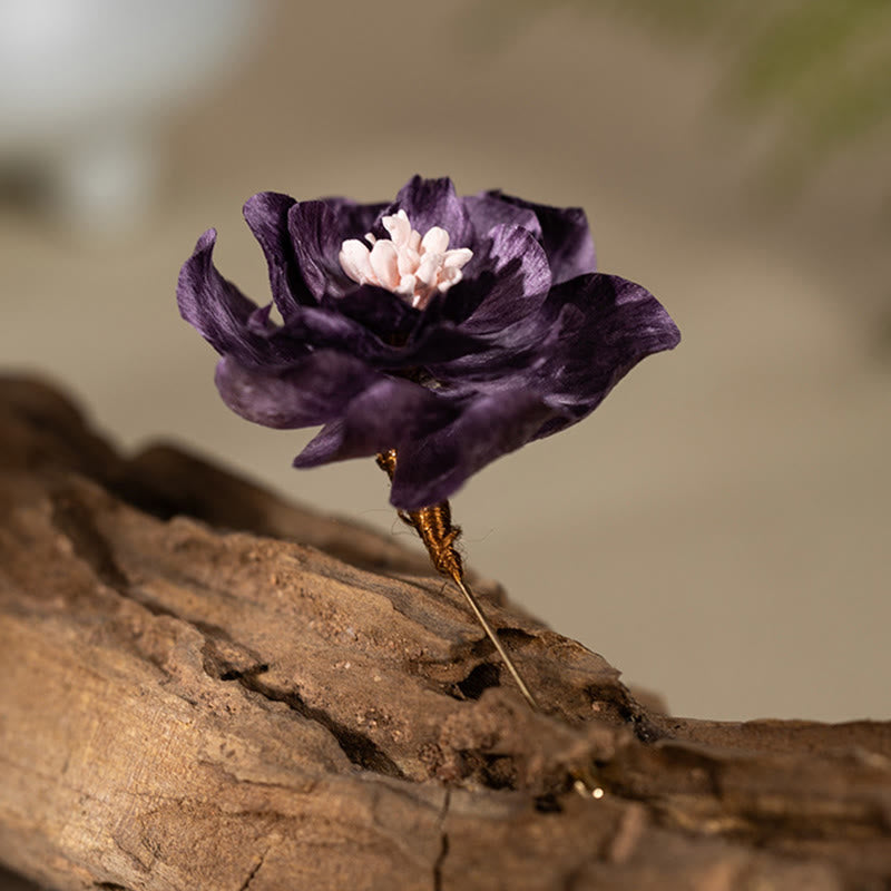 Buddha Stones Broche de la buena suerte con flor de peonía morada de seda artesanal - image 3