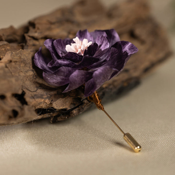 Buddha Stones Broche de la buena suerte con flor de peonía morada de seda artesanal - image 2