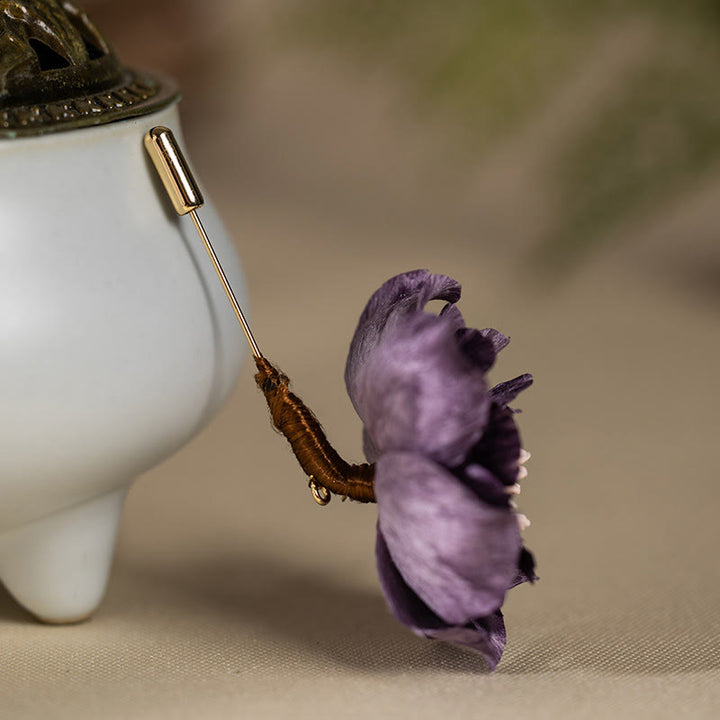 Buddha Stones Broche de la buena suerte con flor de peonía morada de seda artesanal - image 4