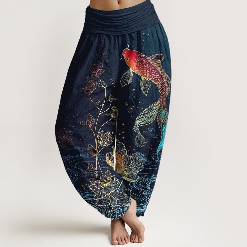 Buddha Stones Pantalones harén de algodón puro con cintura elástica para mujer con estampado de pez loto - Marina de guerra - US16，UK/AU20，EU48 (3XL) - image 0