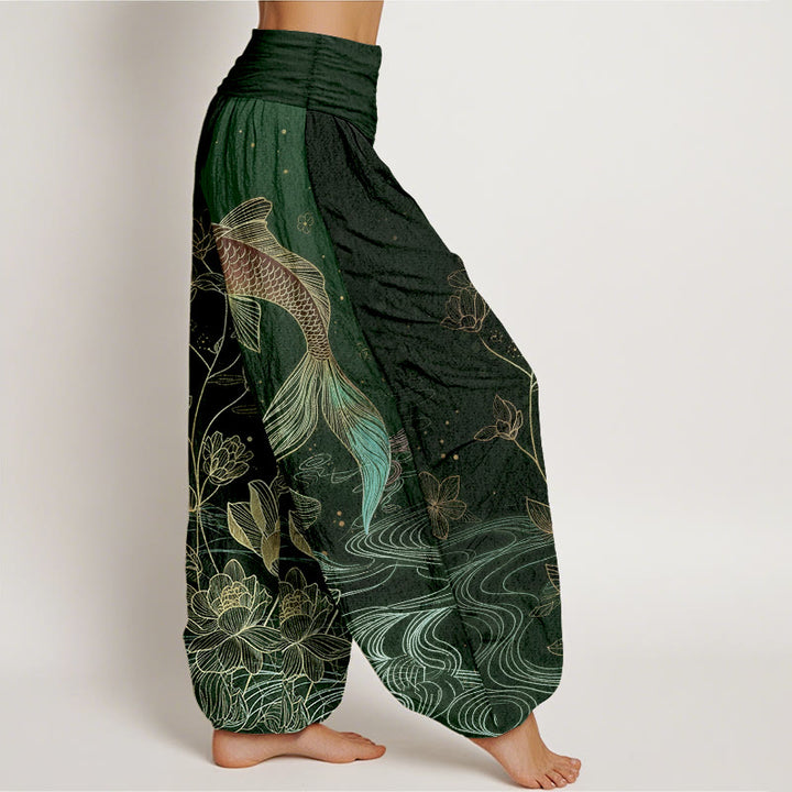 Buddha Stones Pantalones harén de algodón puro con cintura elástica para mujer con estampado de pez loto - image 10