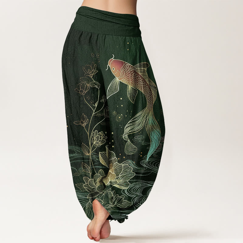 Buddha Stones Pantalones harén de algodón puro con cintura elástica para mujer con estampado de pez loto - image 6