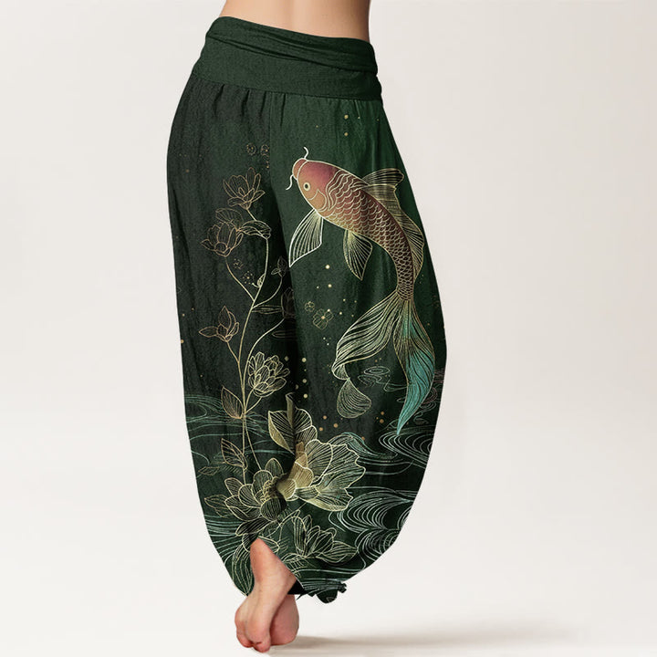 Buddha Stones Pantalones harén de algodón puro con cintura elástica para mujer con estampado de pez loto - image 9