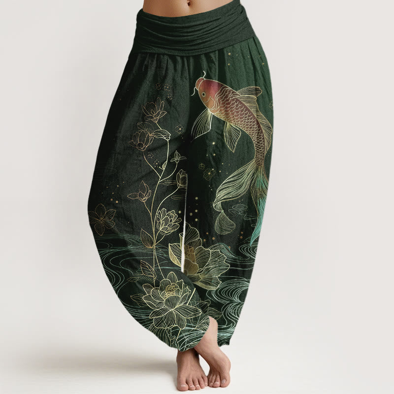 Buddha Stones Pantalones harén de algodón puro con cintura elástica para mujer con estampado de pez loto - Verde oscuro - US16，UK/AU20，EU48 (3XL) - image 5